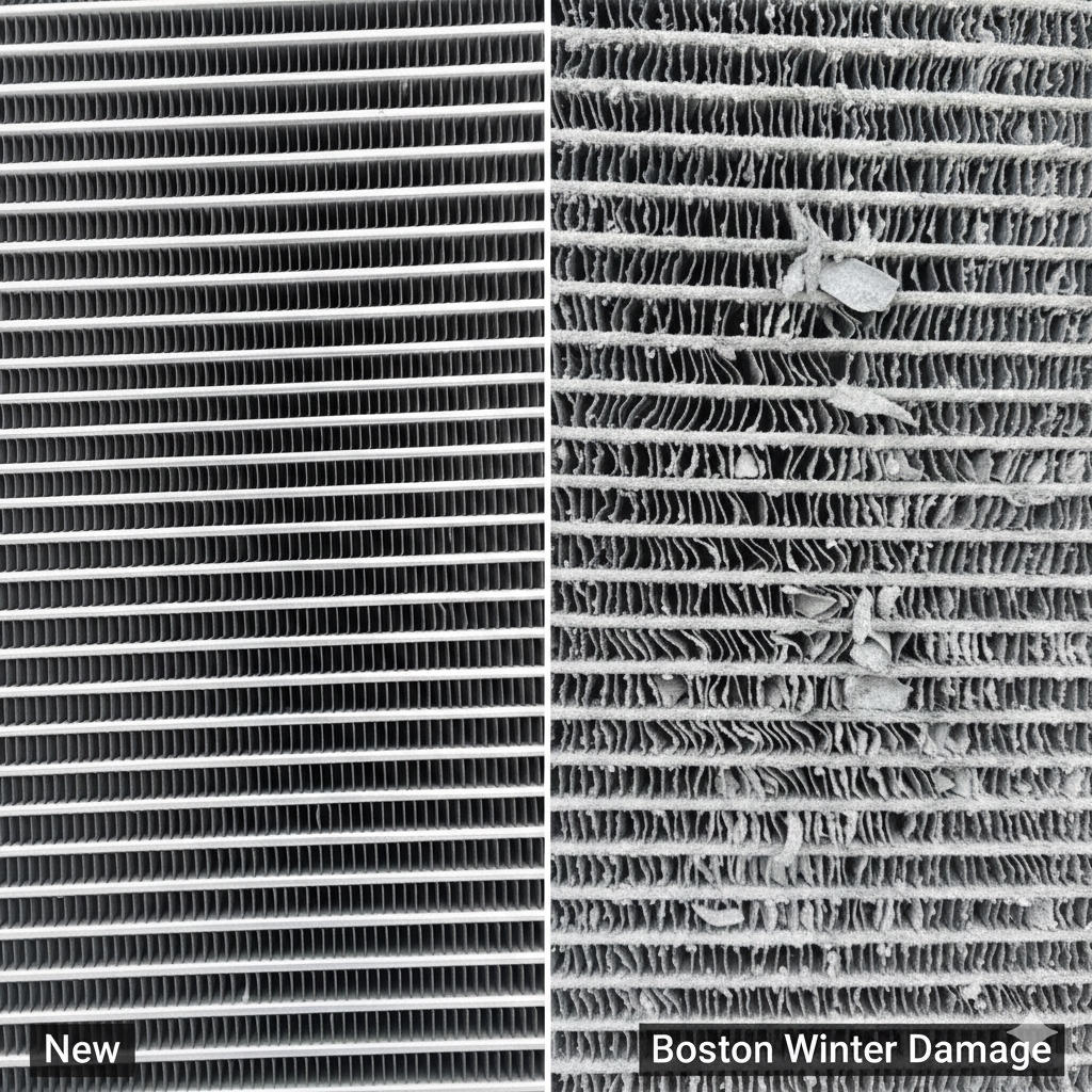 Auto A/C Repair comparison showing salt damage on a car condenser in Boston