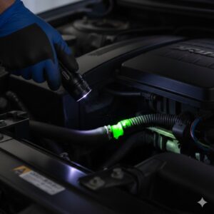 Technician performing Auto A/C Repair using UV dye leak detection technology