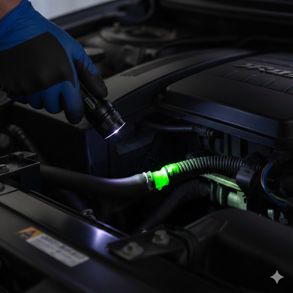 Technician performing Auto A/C Repair using UV dye leak detection technology