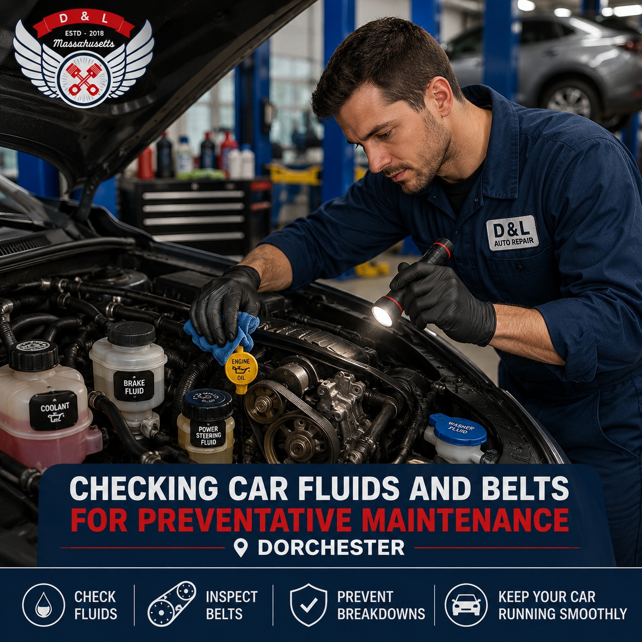 Checking car fluids and belts for preventative maintenance Dorchester