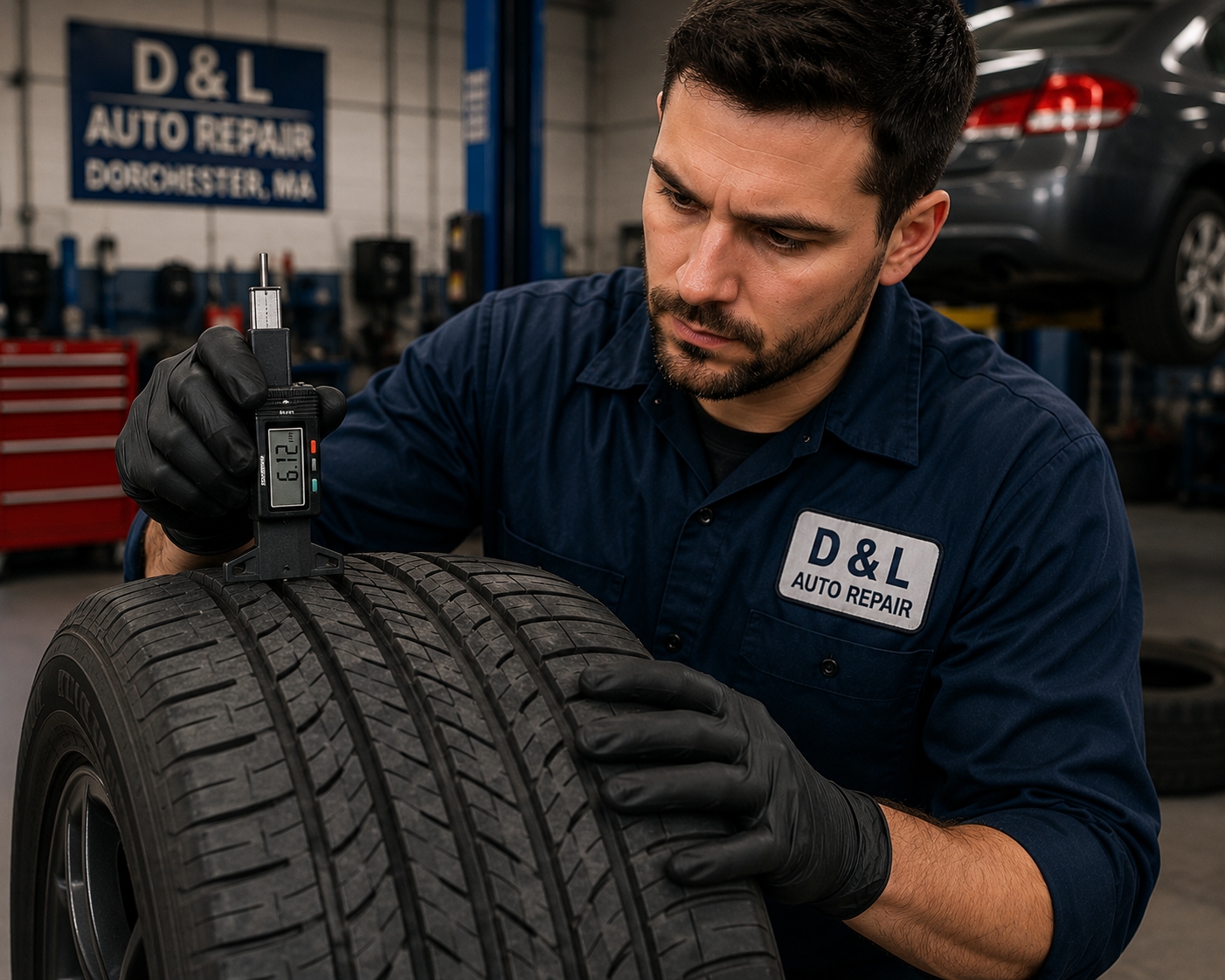 Checking tire tread depth before tire installation Dorchester MA