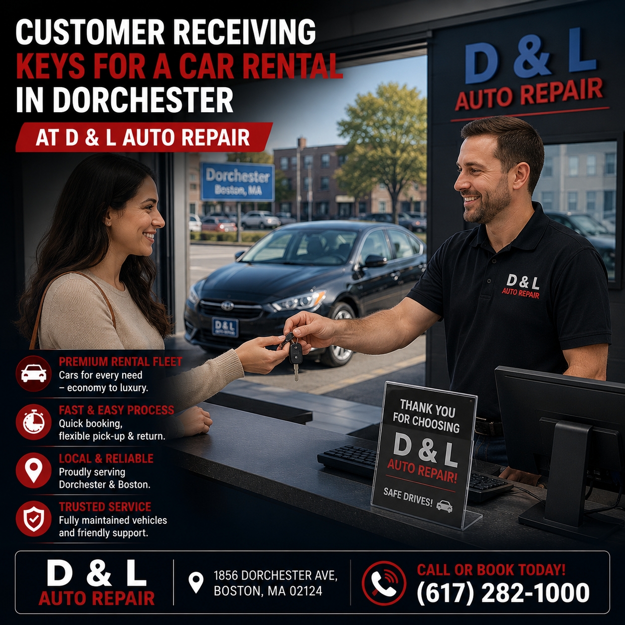 Customer receiving keys for a car rental Dorchester at D & L Auto Repair