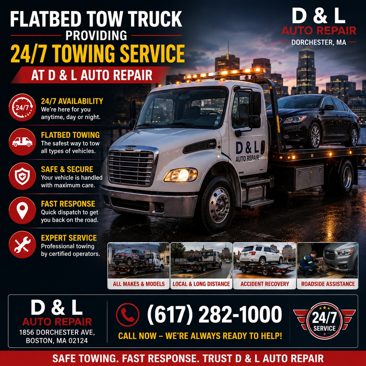 Flatbed tow truck providing 24/7 Towing Service at D & L Auto Repair