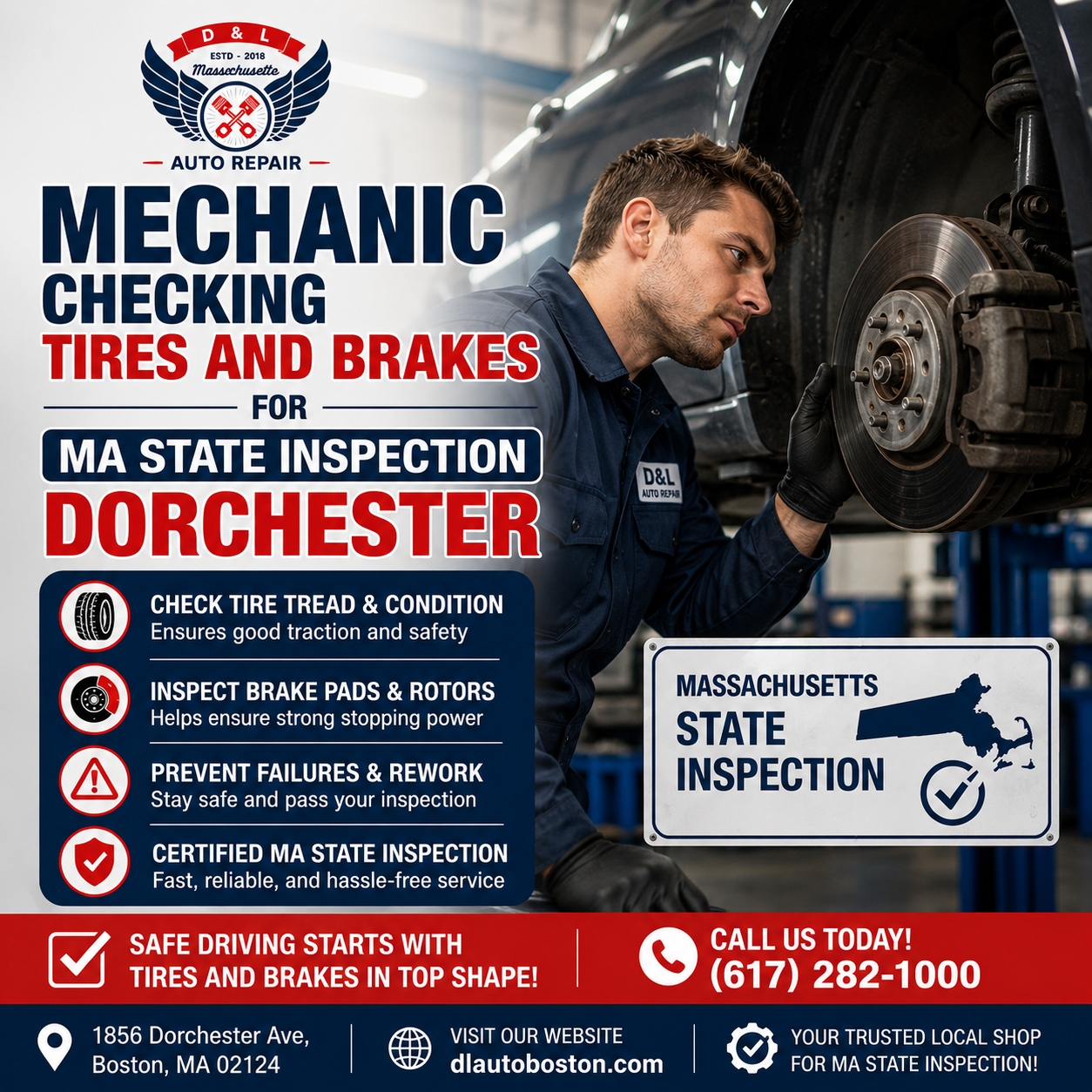 Mechanic checking tires and brakes for MA State Inspection Dorchester