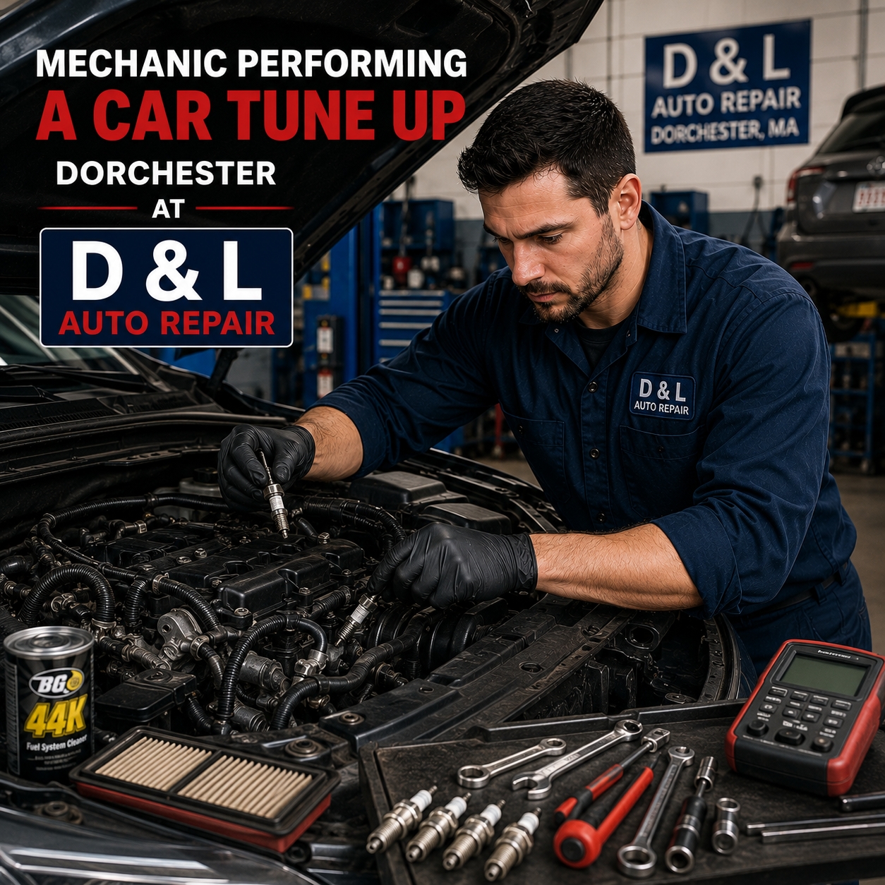 Mechanic performing a car tune up Dorchester at D & L Auto Repair