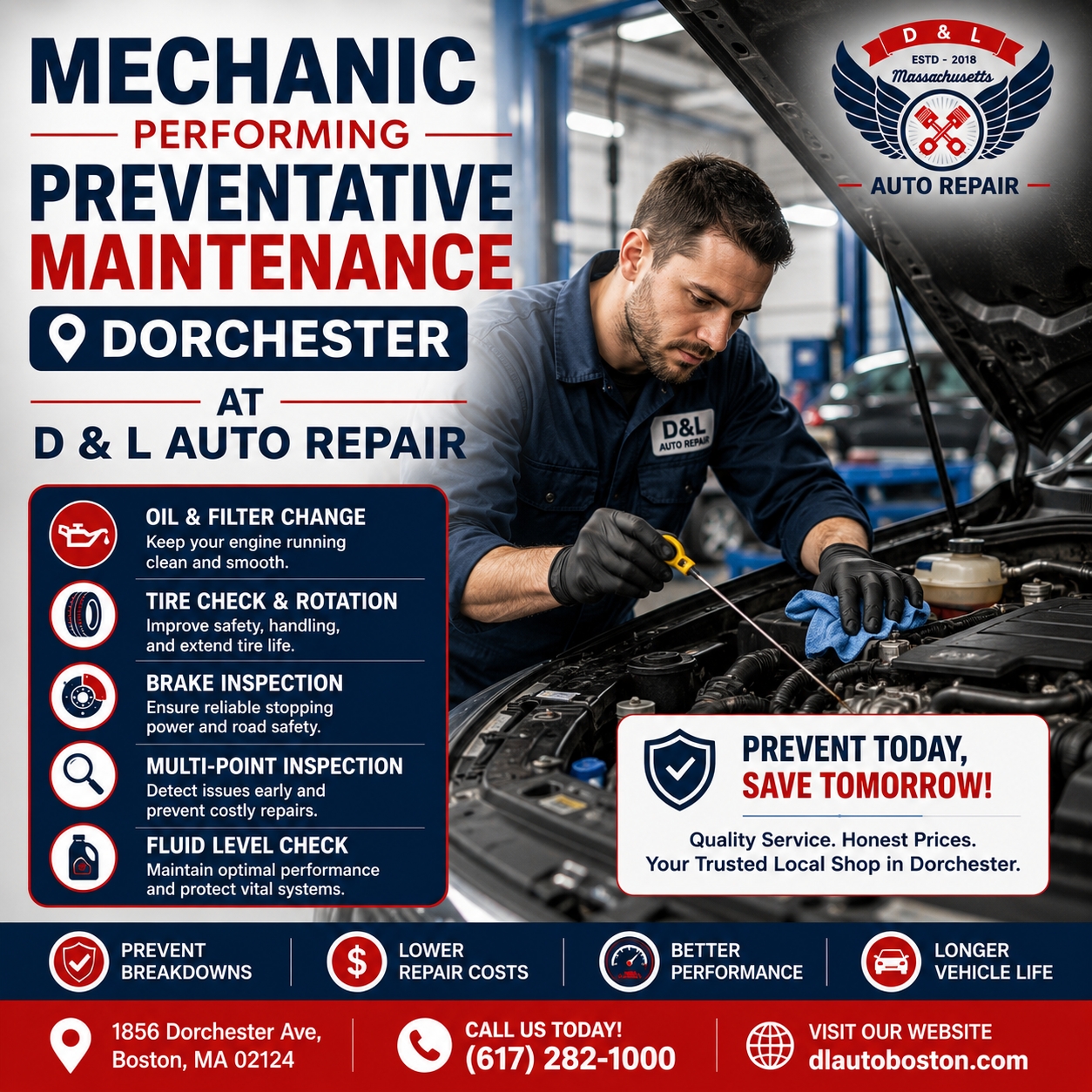 Mechanic performing preventative maintenance Dorchester at D & L Auto Repair
