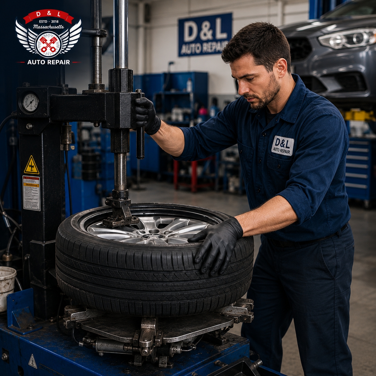 Mechanic performing professional tire installation Dorchester at D & L Auto Repair