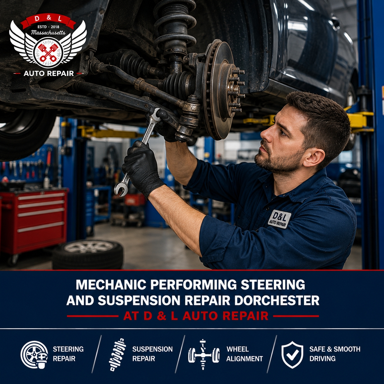 Mechanic performing steering and suspension repair Dorchester at D & L Auto Repair