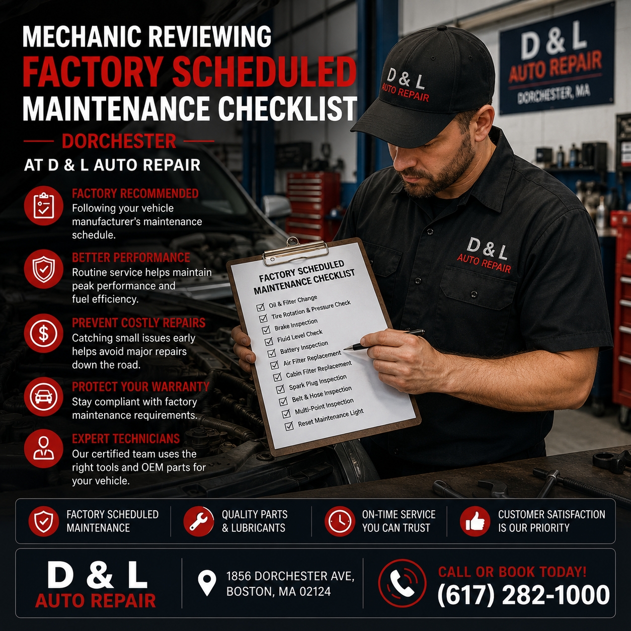 Mechanic reviewing Factory Scheduled Maintenance Dorchester checklist at D & L Auto Repair