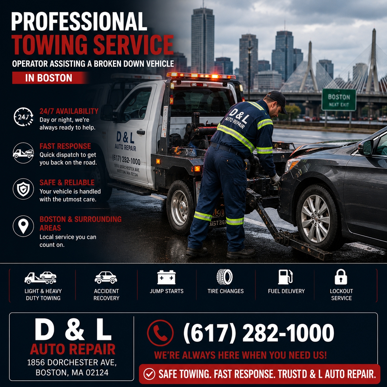 Professional Towing Service operator assisting a broken down vehicle in Boston
