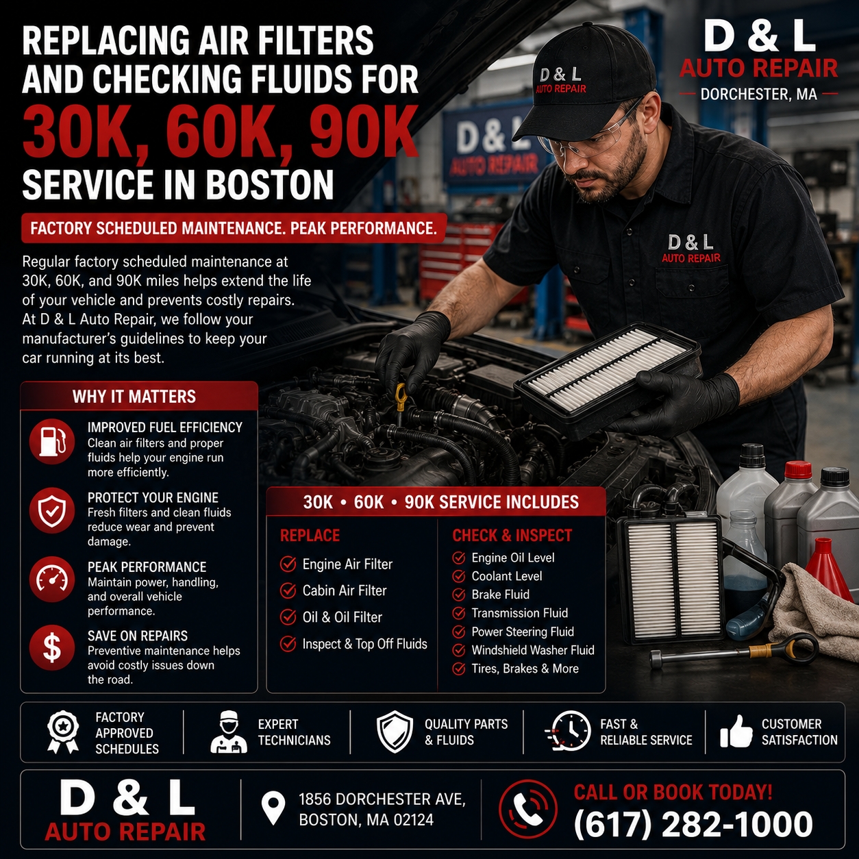 Replacing air filters and checking fluids for 30K 60K 90K service in Boston